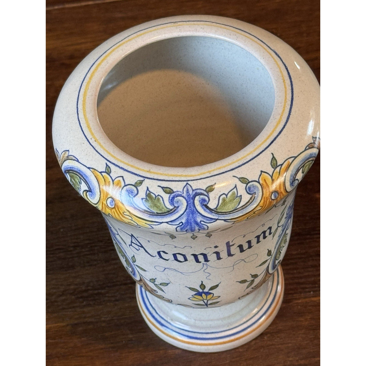 Apothecary Jar Italian Pottery Aconitum Hand Painted Faience Vase 7” Vintage