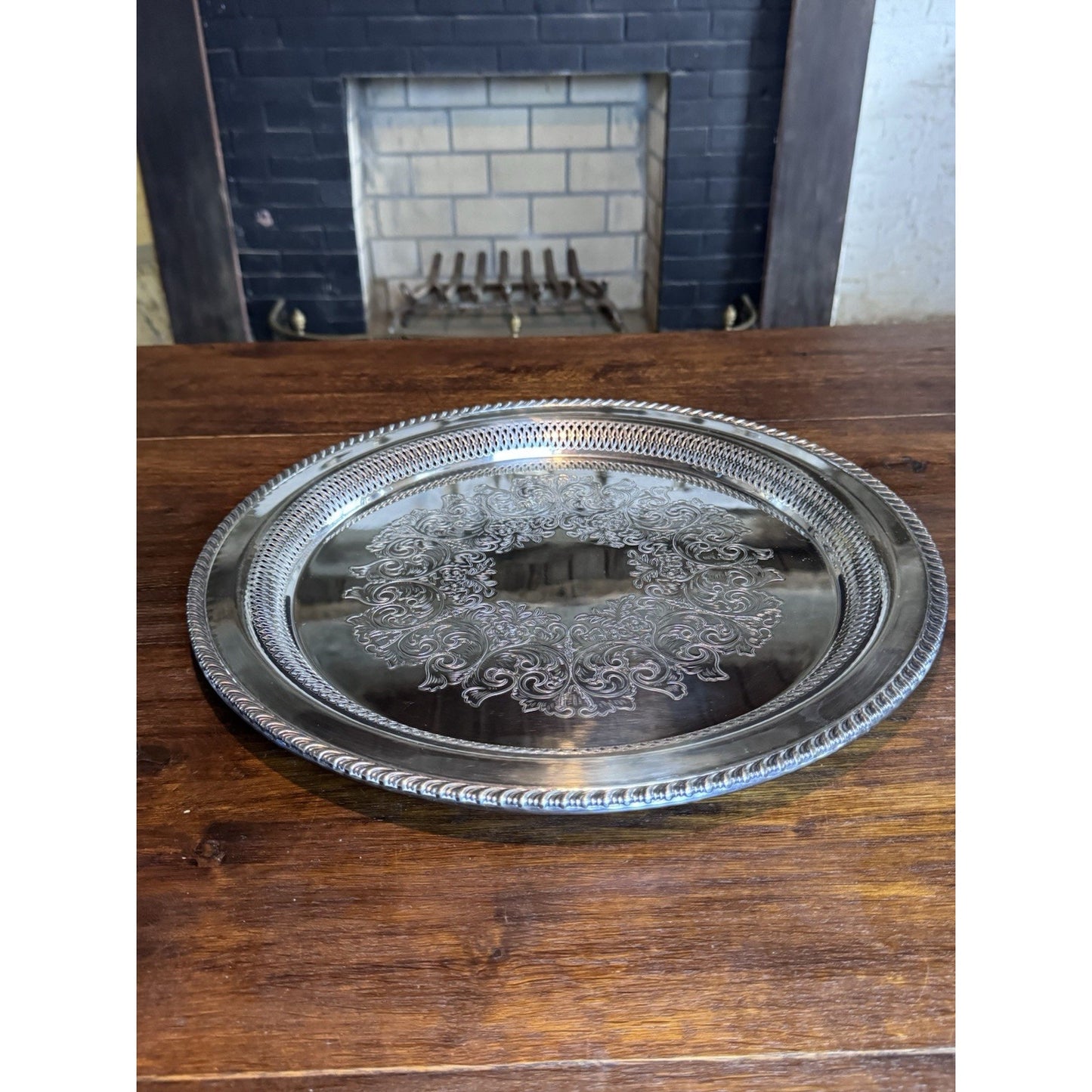Silverplate Round Tray Reticulated 16.5” WM Rogers Engraved Serving Platter