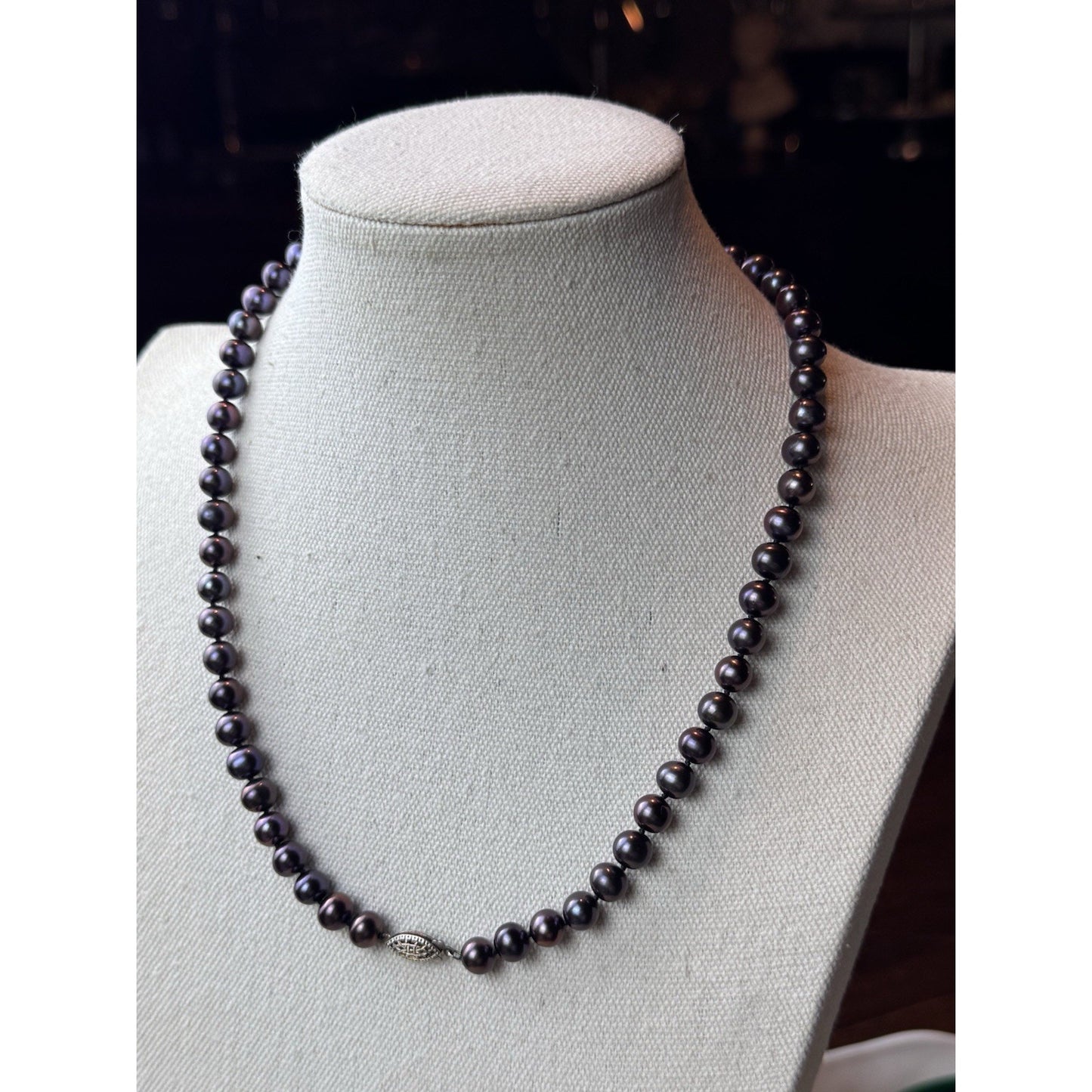 Purple Cultured Pearl Necklace Sterling Silver Clasp 20” 7mm Vintage Jewelry