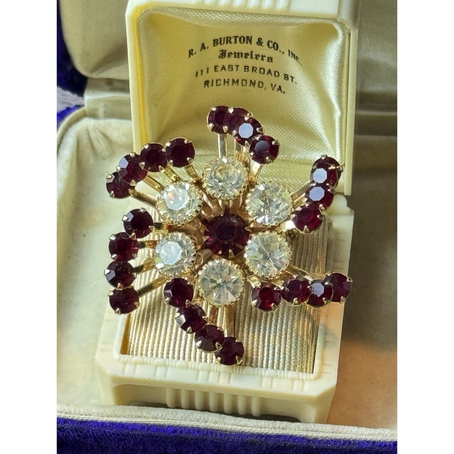 Vintage Brooch 2” Red Clear Rhinestone Goldtone Atomic Starburst Statement Pin
