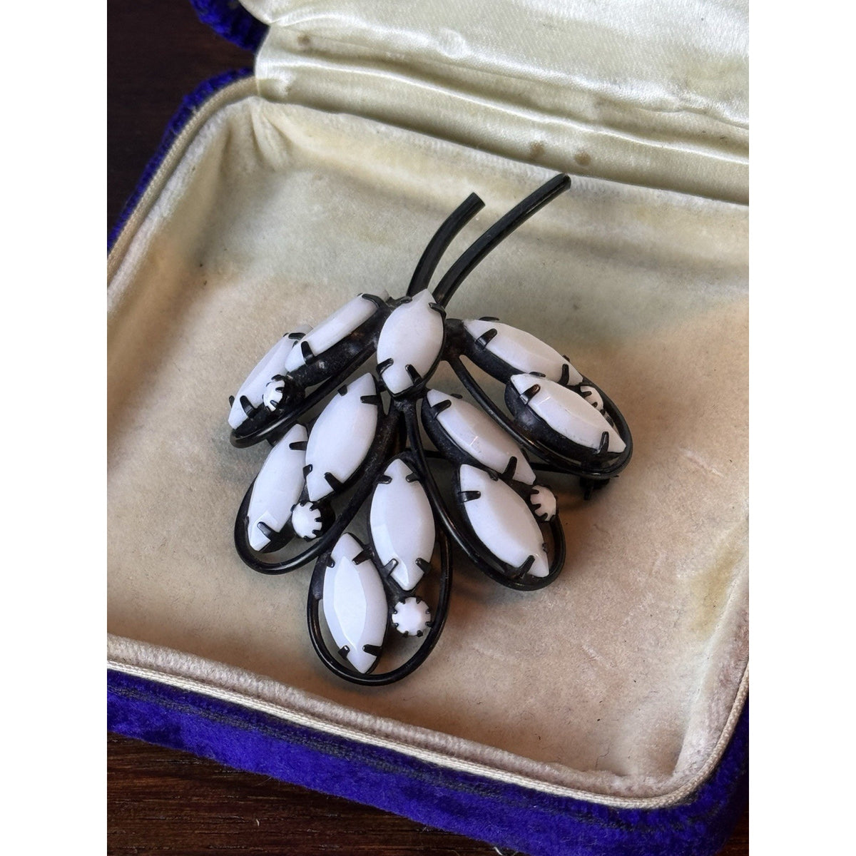Vintage Brooch Black White Glass Floral Spray Japanned Statement Pin 2.5”