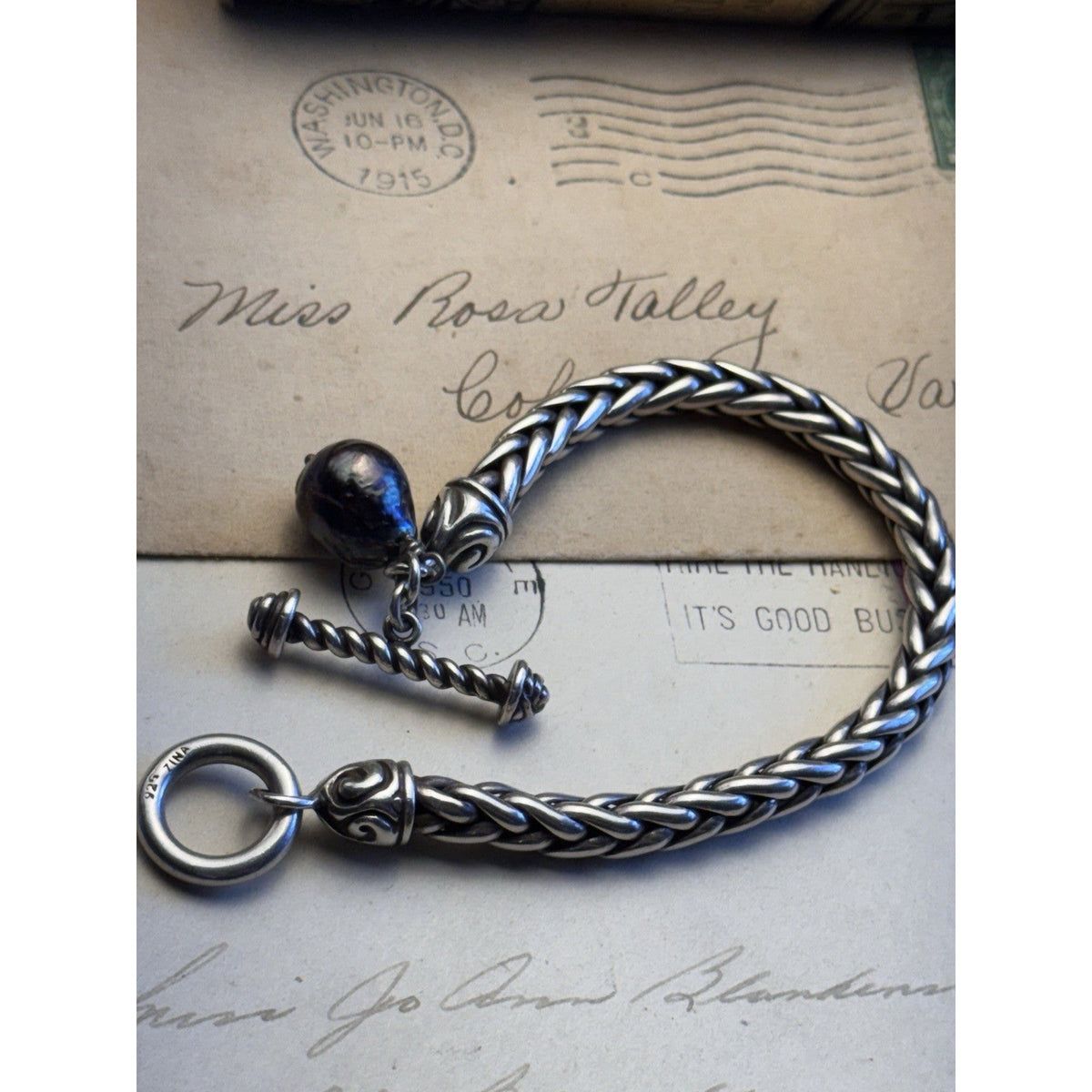 ZINA Sterling Bracelet Braided Chain 925 Toggle Black Baroque Pearl 6.75”