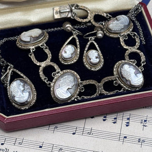 VINTAGE Cameo Parure 800 Silver Abalone MOP Bracelet Earrings Necklace