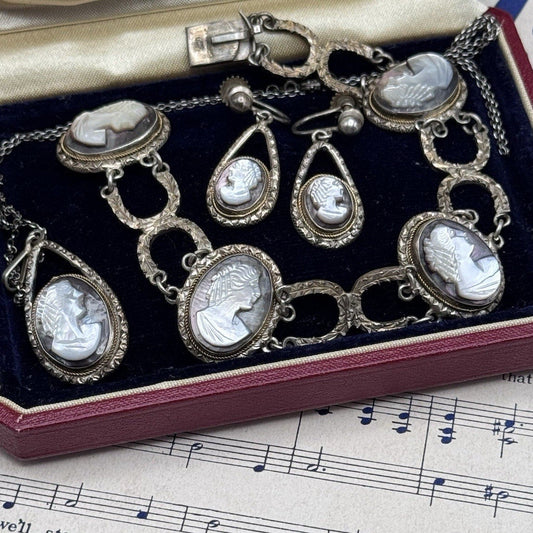 VINTAGE Cameo Parure 800 Silver Abalone MOP Bracelet Earrings Necklace