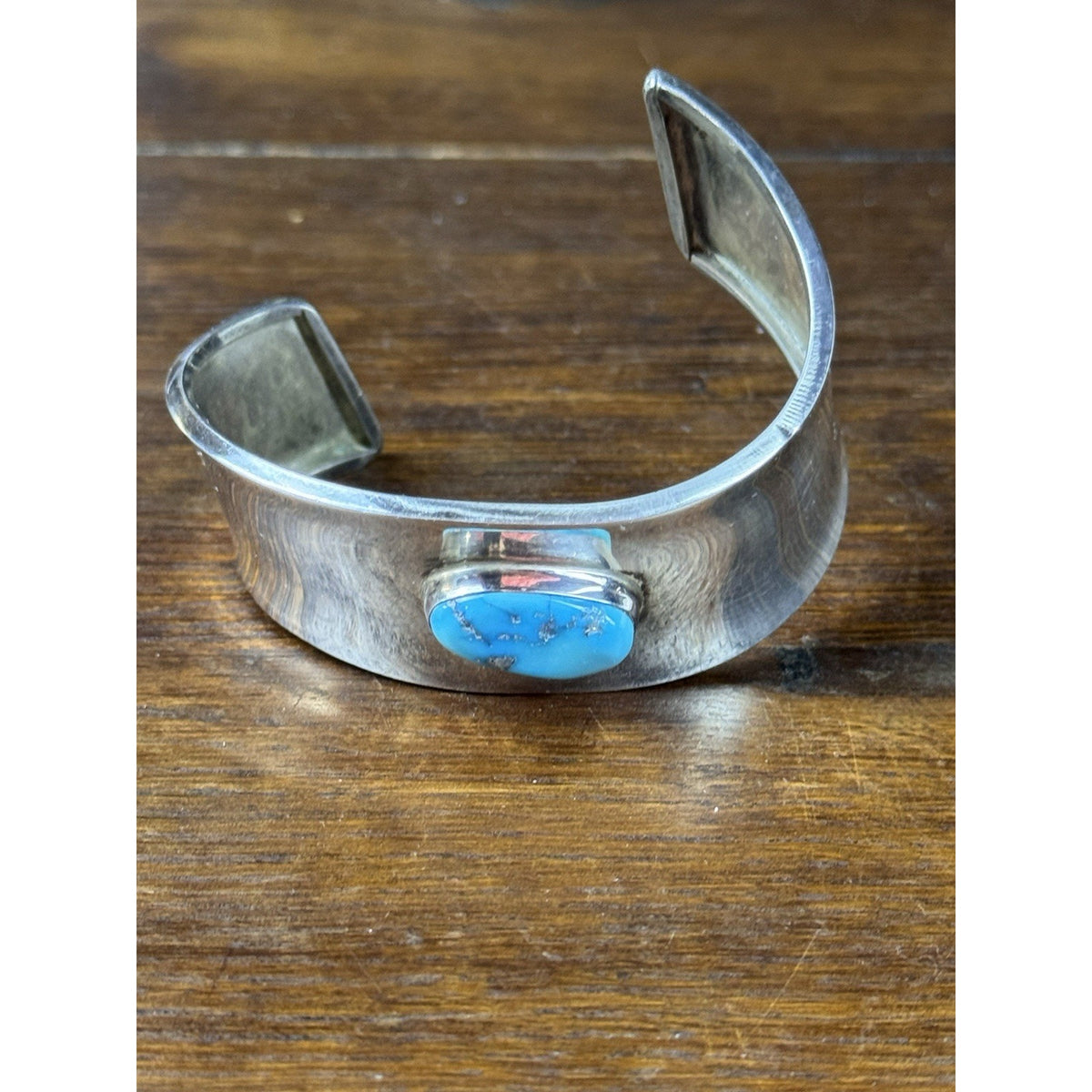 Sterling Silver Cuff Bracelet Blue Stone Wide Modernist Style 6.75” Wrist Size