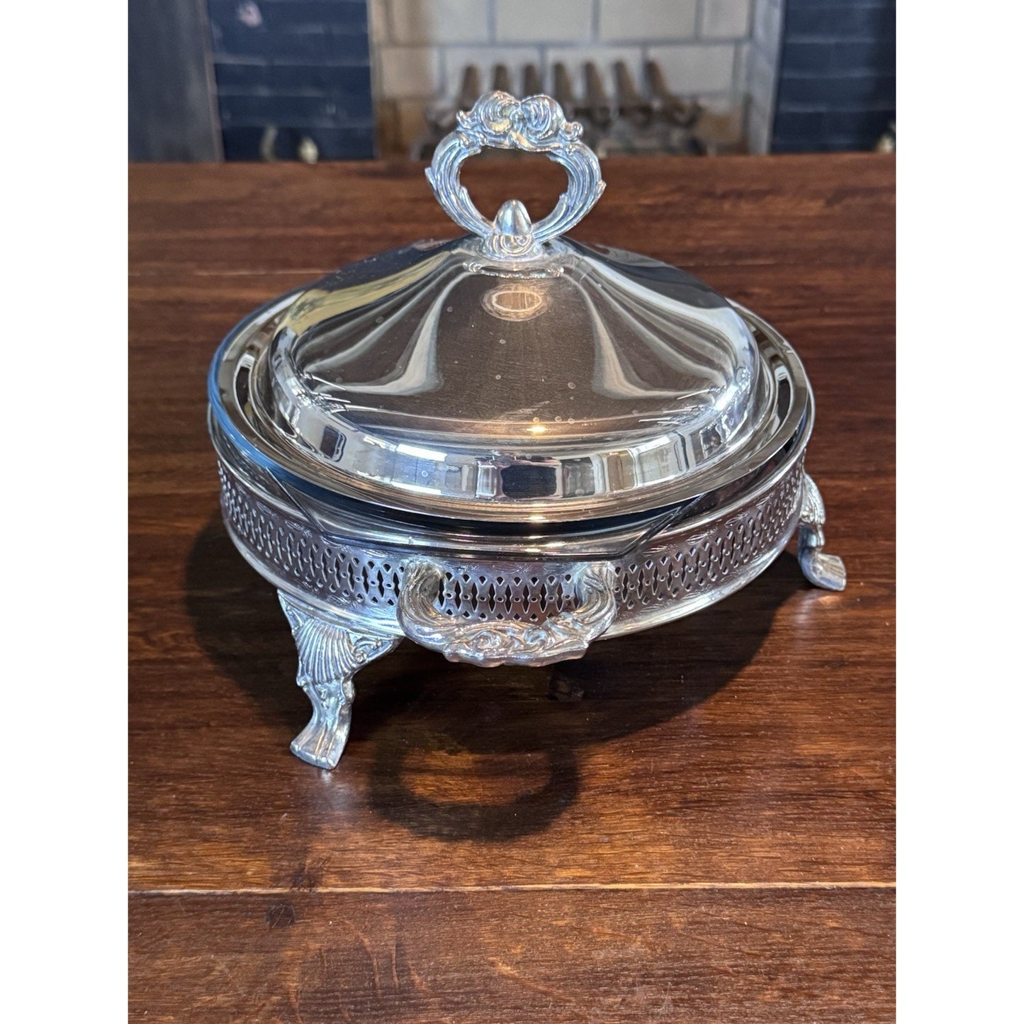 Silverplate Covered Serving Dish Marinex Glass Insert Footed