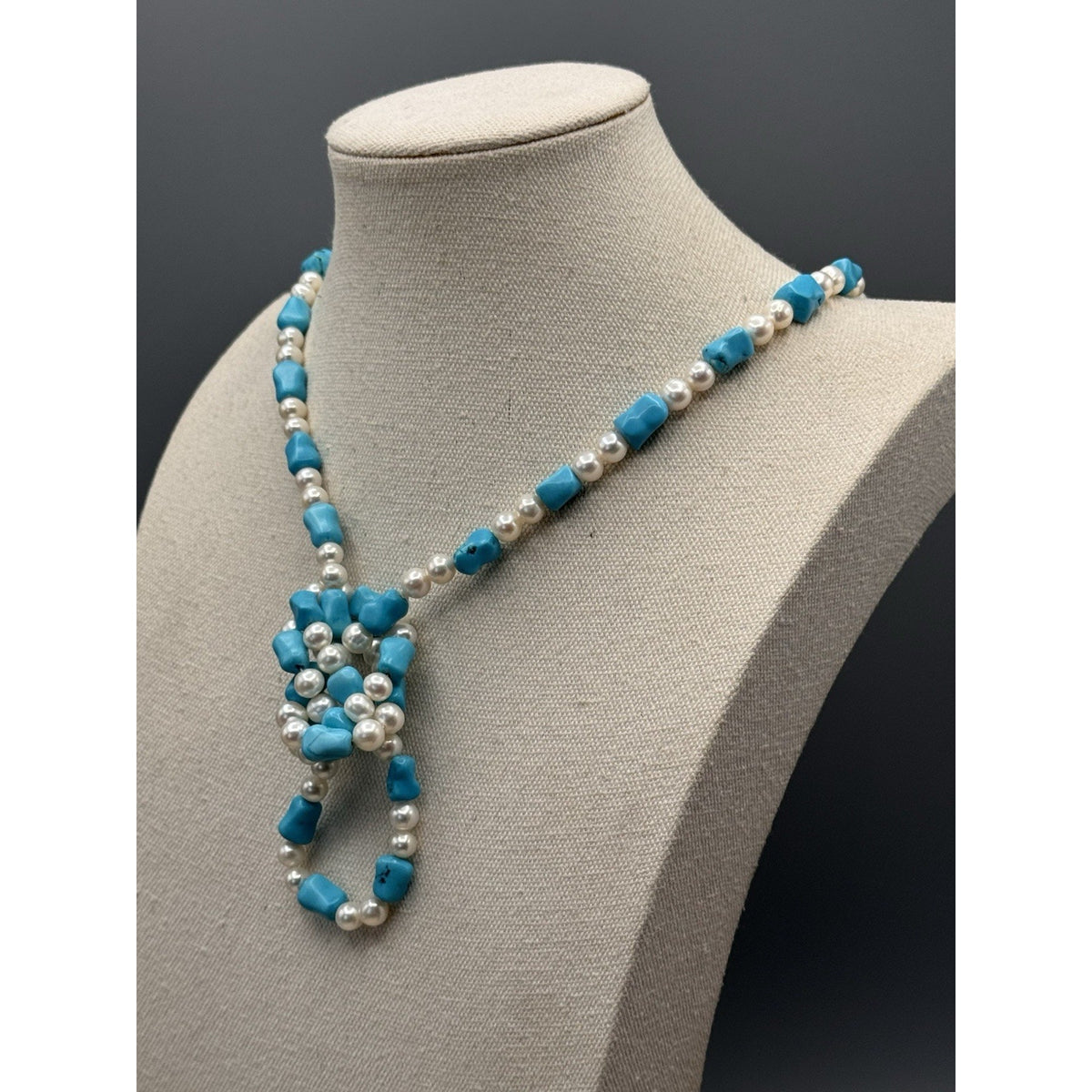 Cultured Pearl Blue/Green Stone Long Necklace 41” ESTATE FIND
