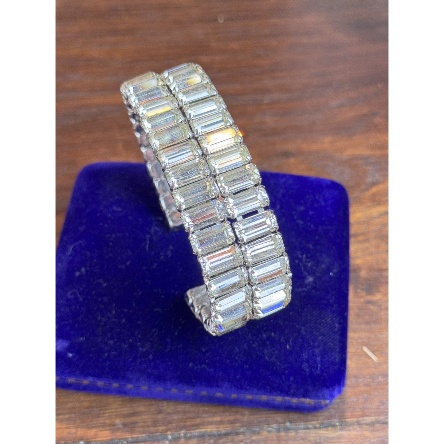 Weiss Rhinestone Cuff Bracelet Baguette Crystal Silvertone Signed 7” VINTAGE