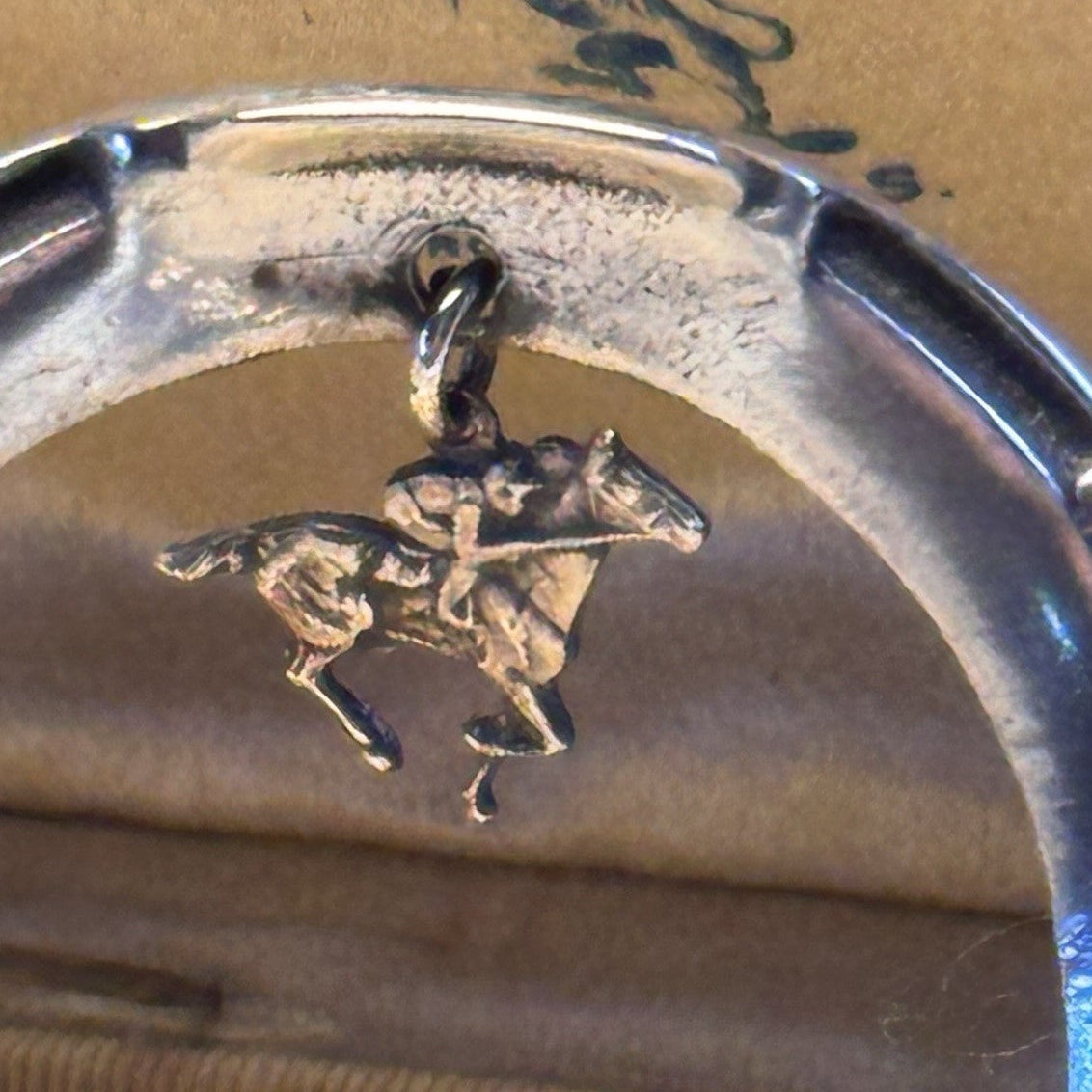 Sterling Brooch Horseshoe Horse Jockey Dangle Equestrian Racing Vintage 2”