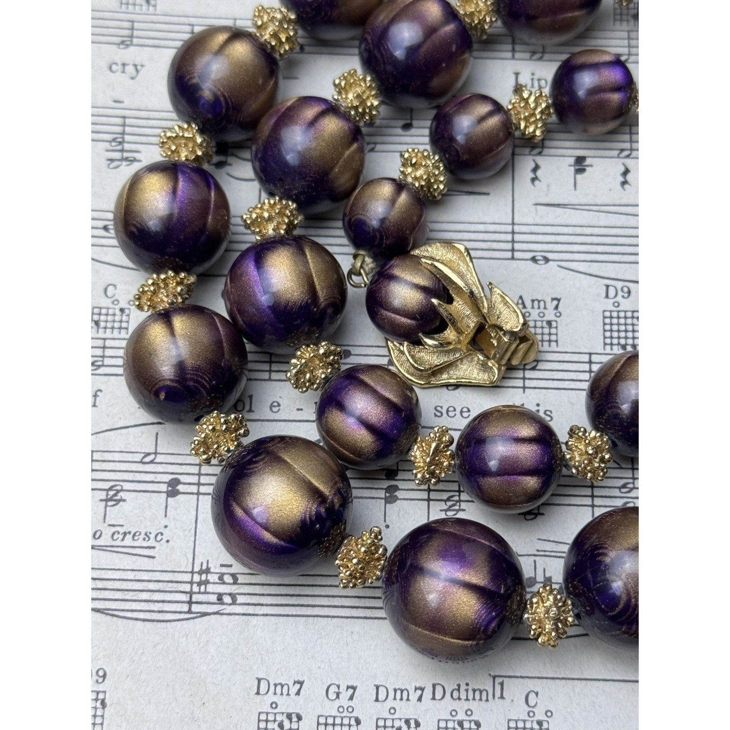 Vintage Crown Trifari Aubergine Beaded Necklace Bracelet Set Goldtone 27”