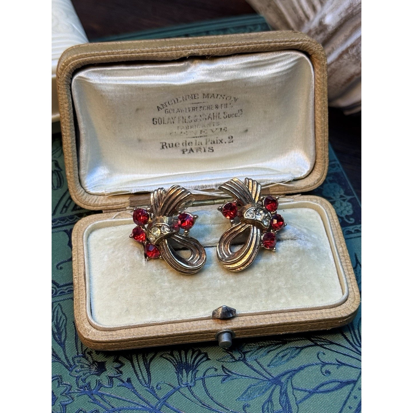 Vintage Ribbon Clip-On Earrings Rose Goldtone Red Clear Rhinestones 1”