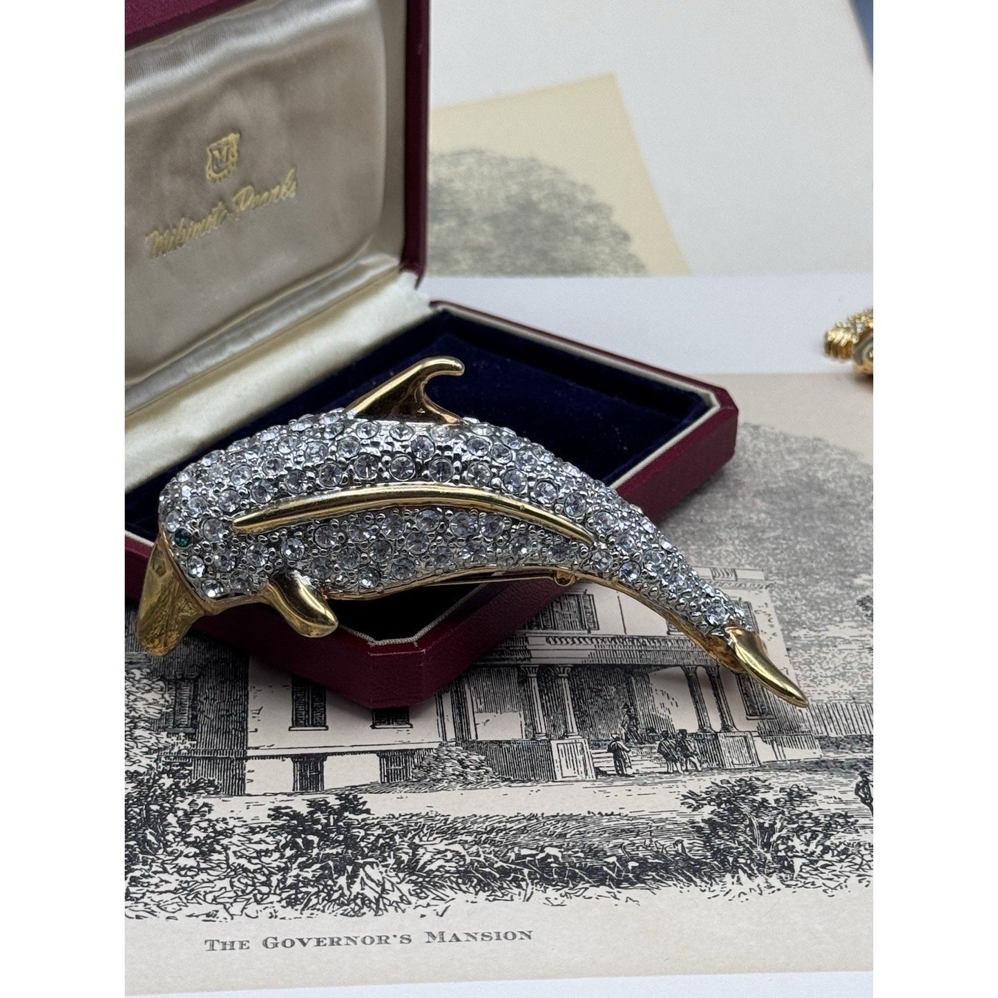 Shoulder Brooch Dolphin Rhinestone Goldtone Pavé Crystal Figural 3.75” VINTAGE