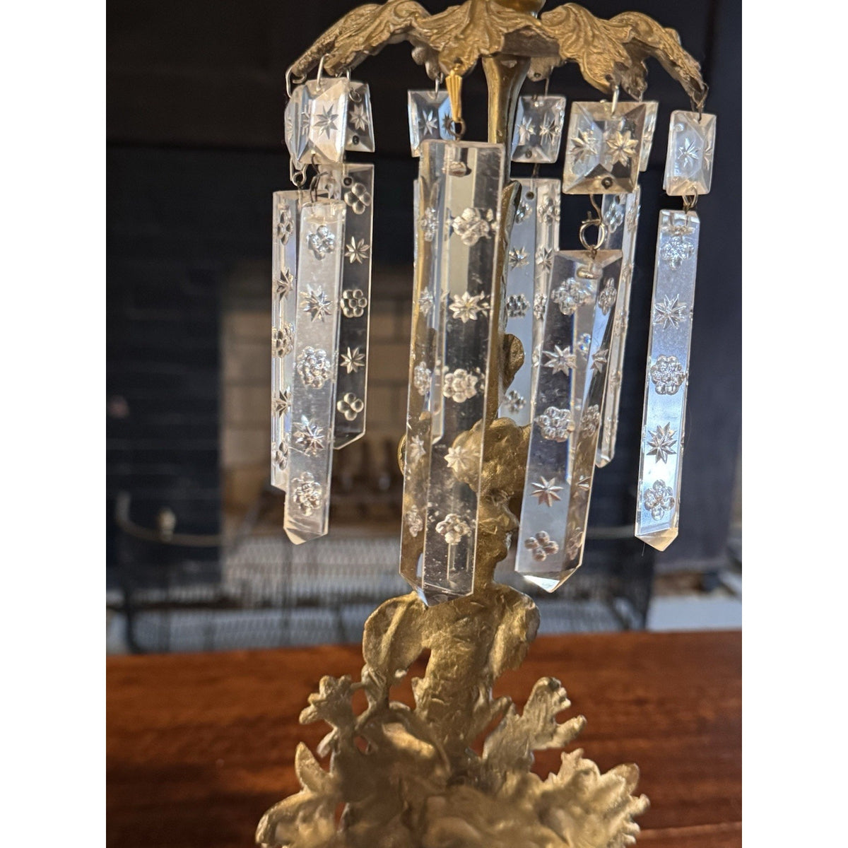 Girandole Candelabra Set Goldtone Floral Marble Crystal Prisms 3 Piece 18” 15.5”