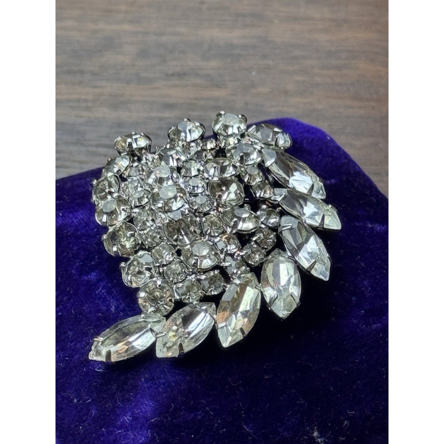 Vintage Brooch Clear Rhinestone Spray Silvertone 2.5” x 1.75”
