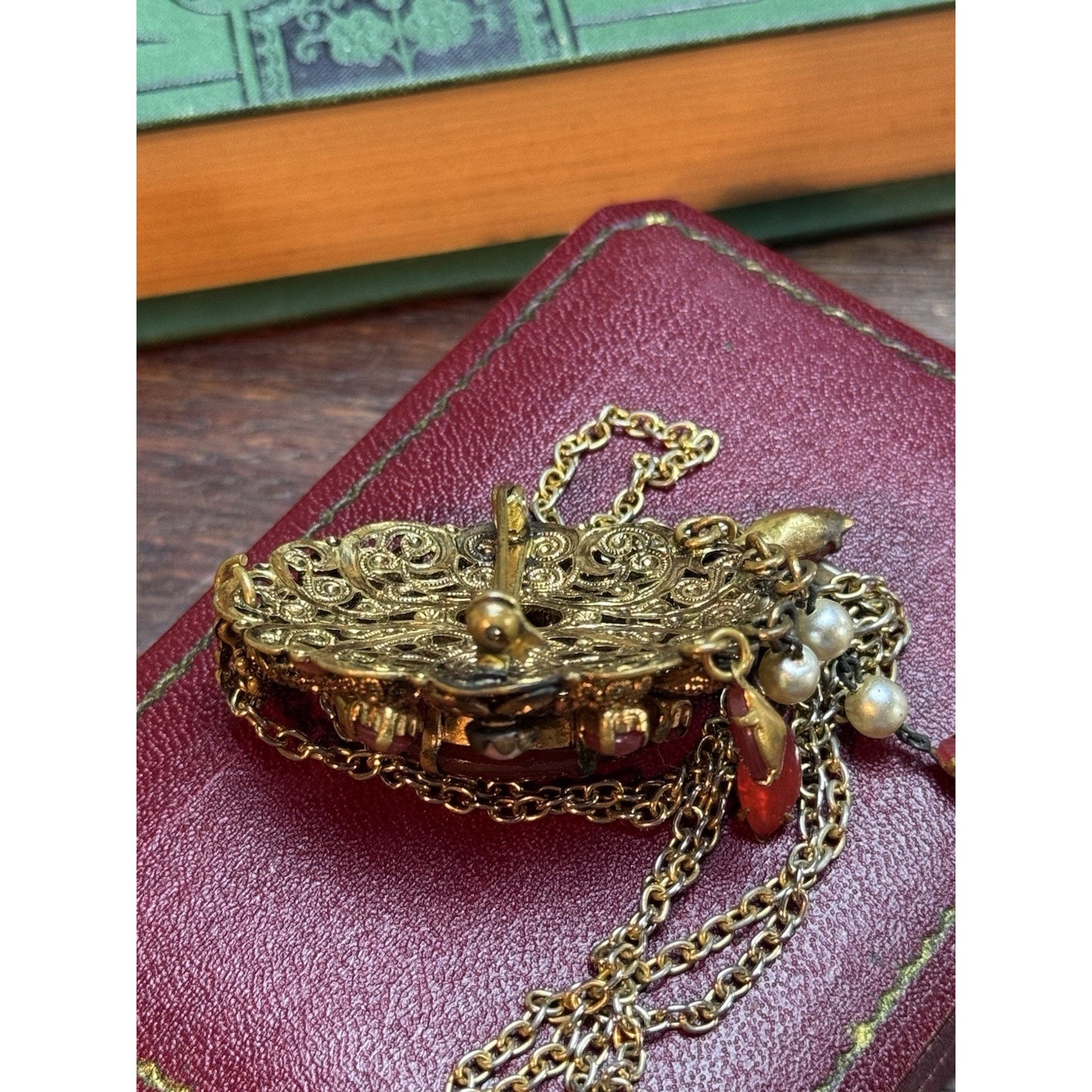 Vintage Filigree Brooch Pendant Necklace Red Art Glass Faux Pearl Dangle 27.5”