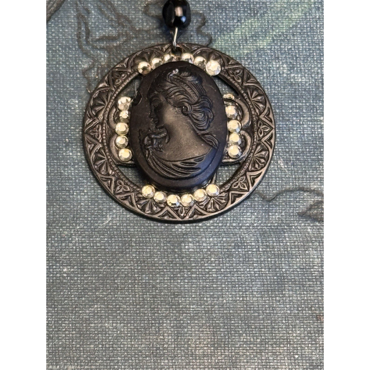 Cameo Brooch Gold Filled Hook Black Rhinestone Pendant Vintage 2.25” x 1.75”