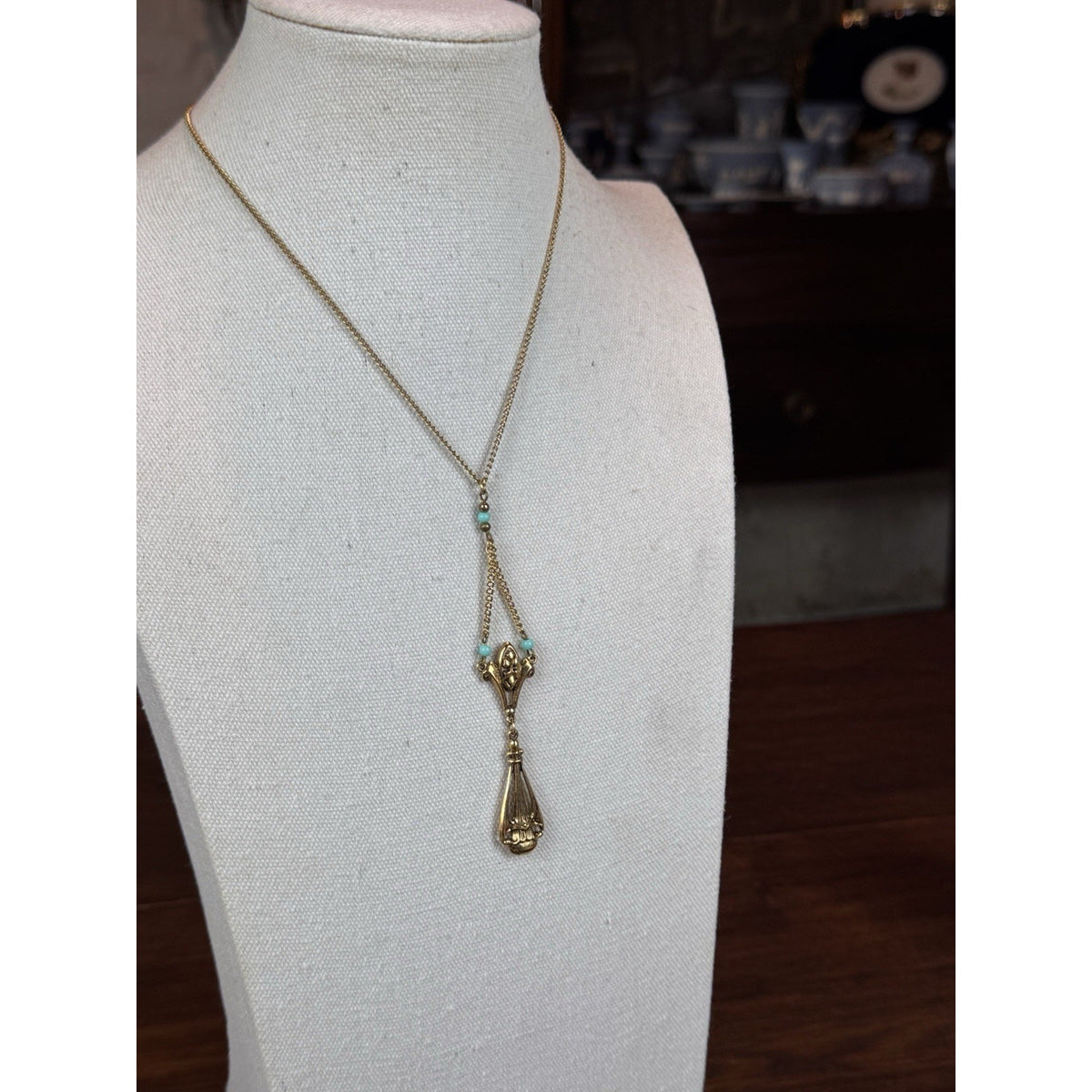 Vintage ART Lavalier Necklace Goldtone Turquoise Blue Beads 16” Signed Pendant