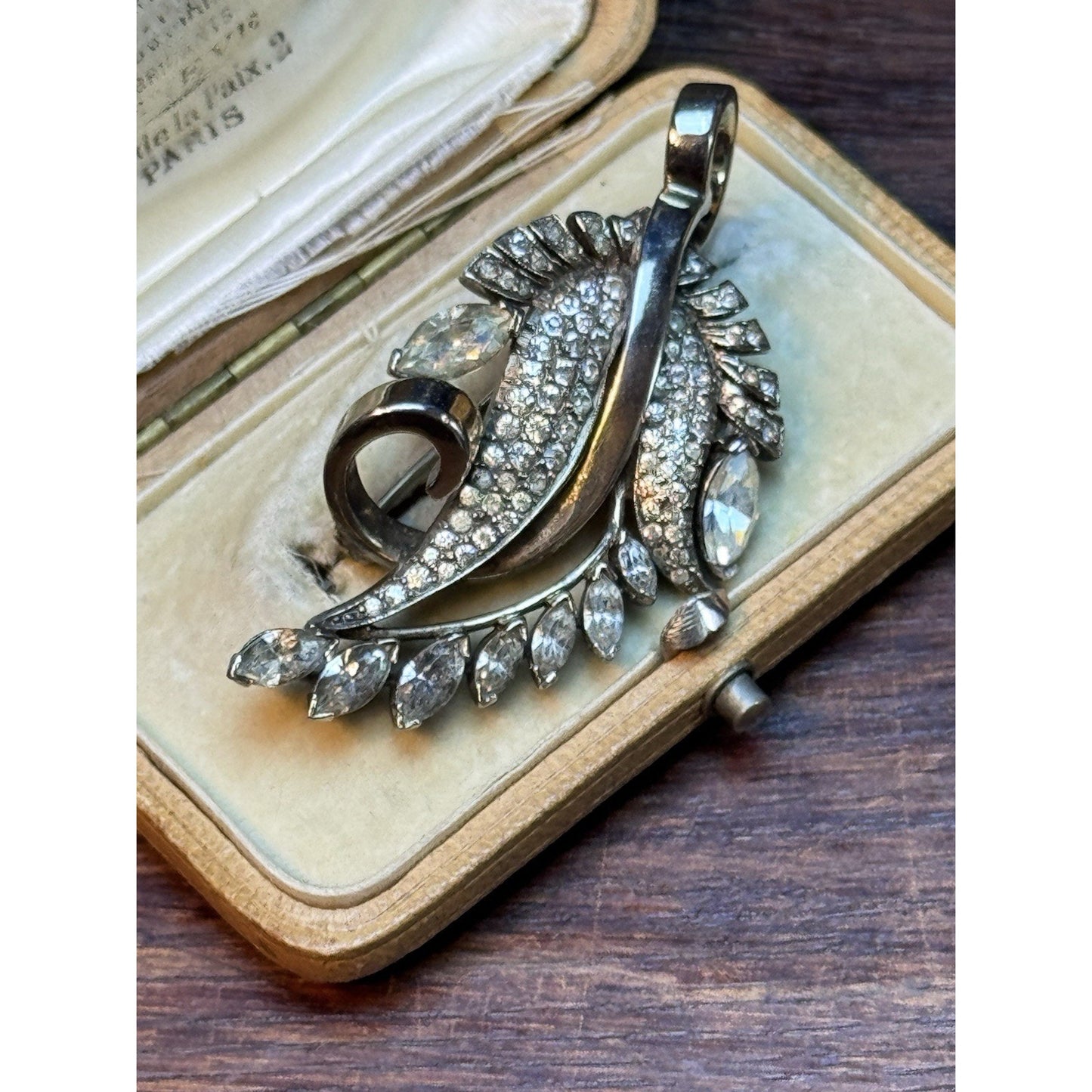 Vintage Pennino Sterling Brooch Clear Rhinestone Floral Spray 2.5” Signed