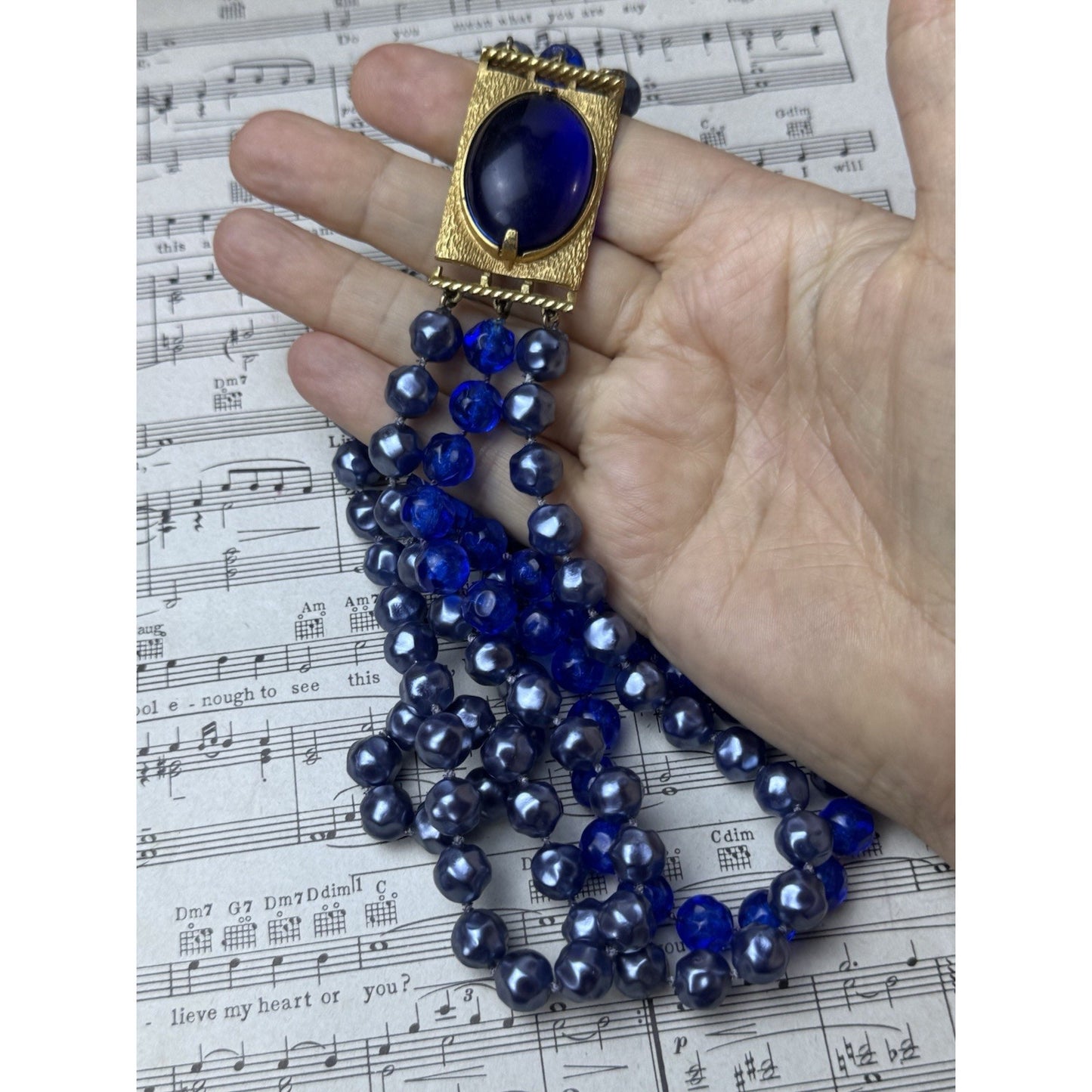 Vintage Blue Lucite Beaded Necklace Goldtone 3 Strand Statement 20”