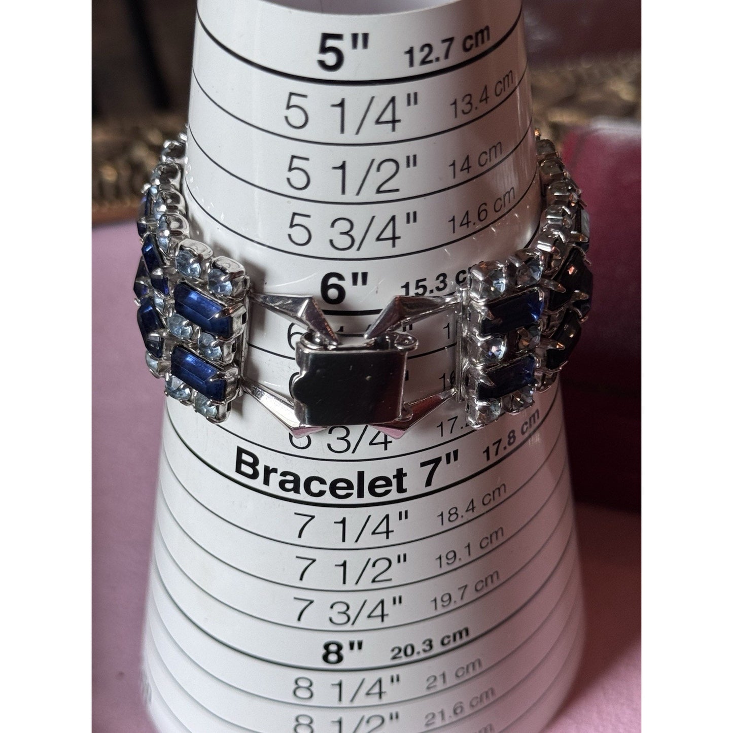 Vintage Bracelet Blue Rhinestone 5 Rows-3 Ice Blue 2 Dark Blue Silvertone 6”