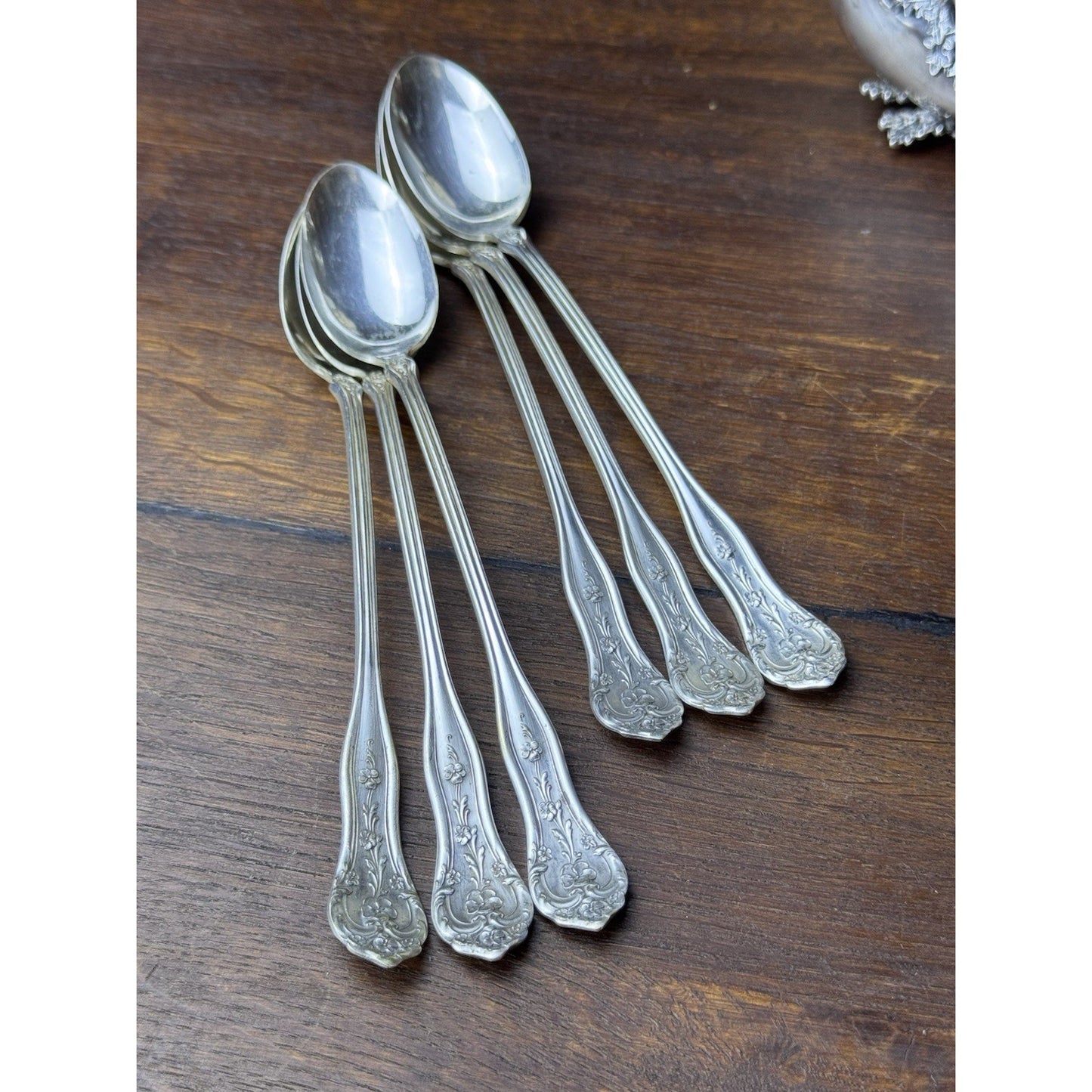 Vintage Extra Coin Silver Plate Iced Tea Spoons Set 6 Floral 7.5”
