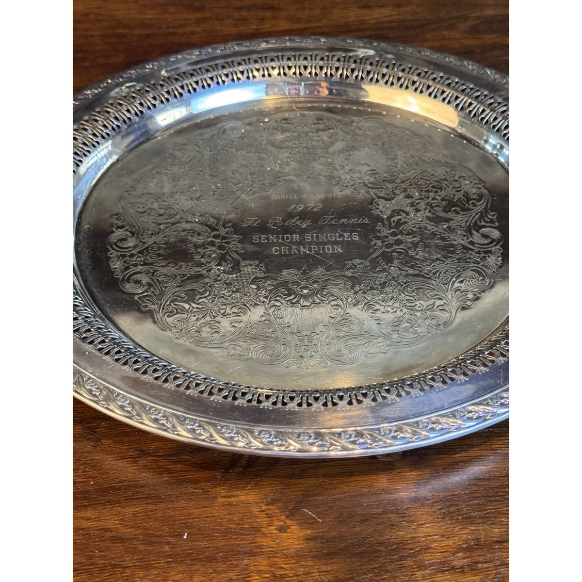 Silverplate Reticulated Charger Tray Ornate Engraved Tennis Trophy 1972 12”
