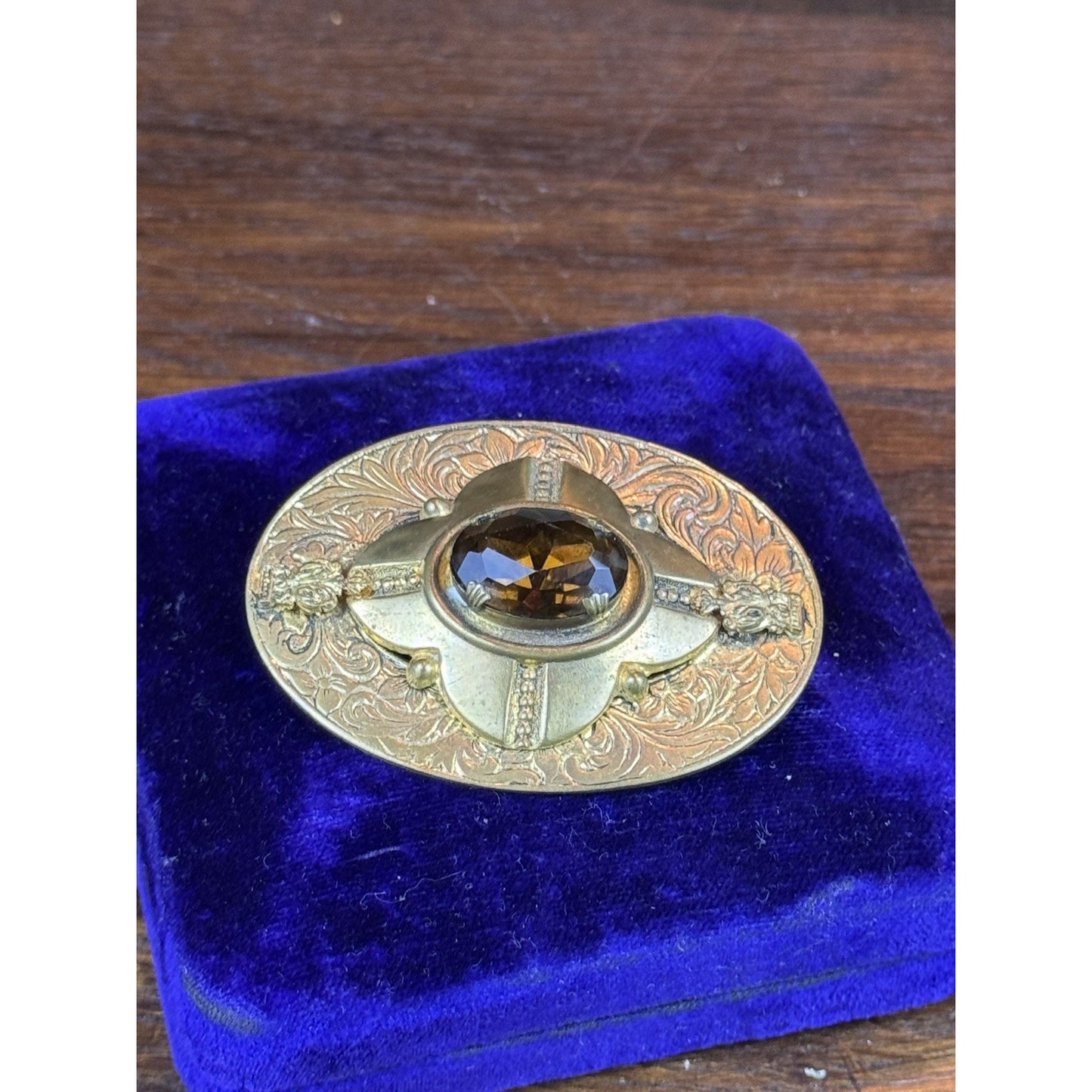 Vintage Brooch Brass Brown Glass Victorian Revival Ornate Oval 2.25”