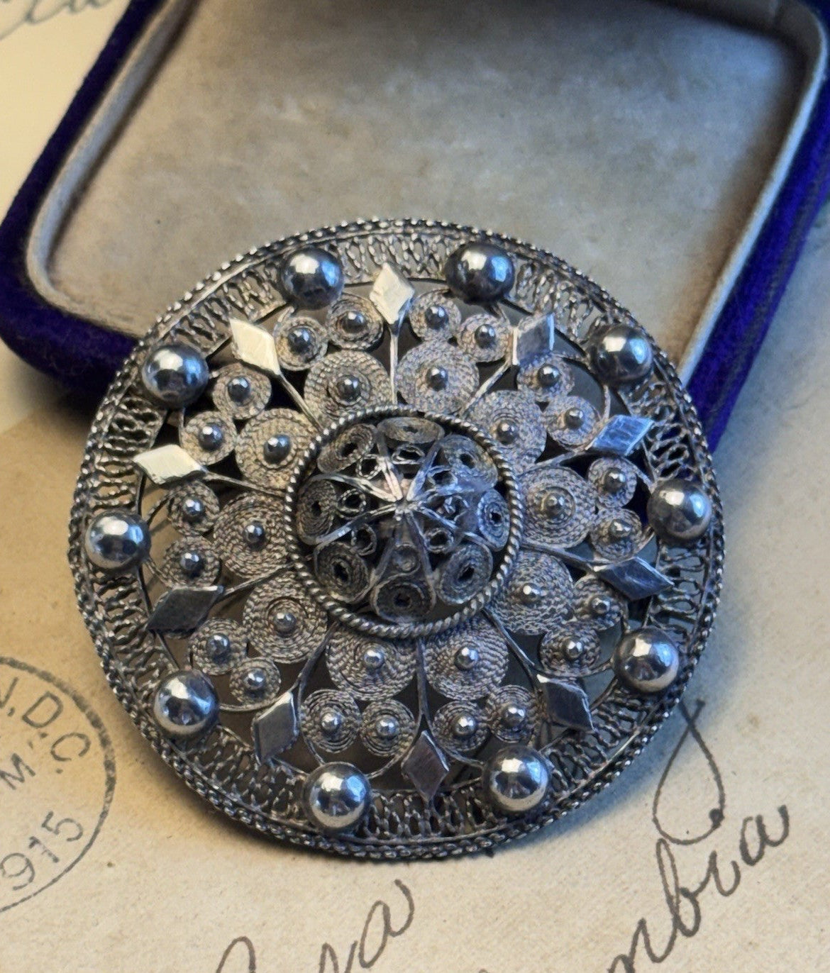 990 Silver Cannetille Filigree Brooch Antique Style Round Statement Pin 1.75"
