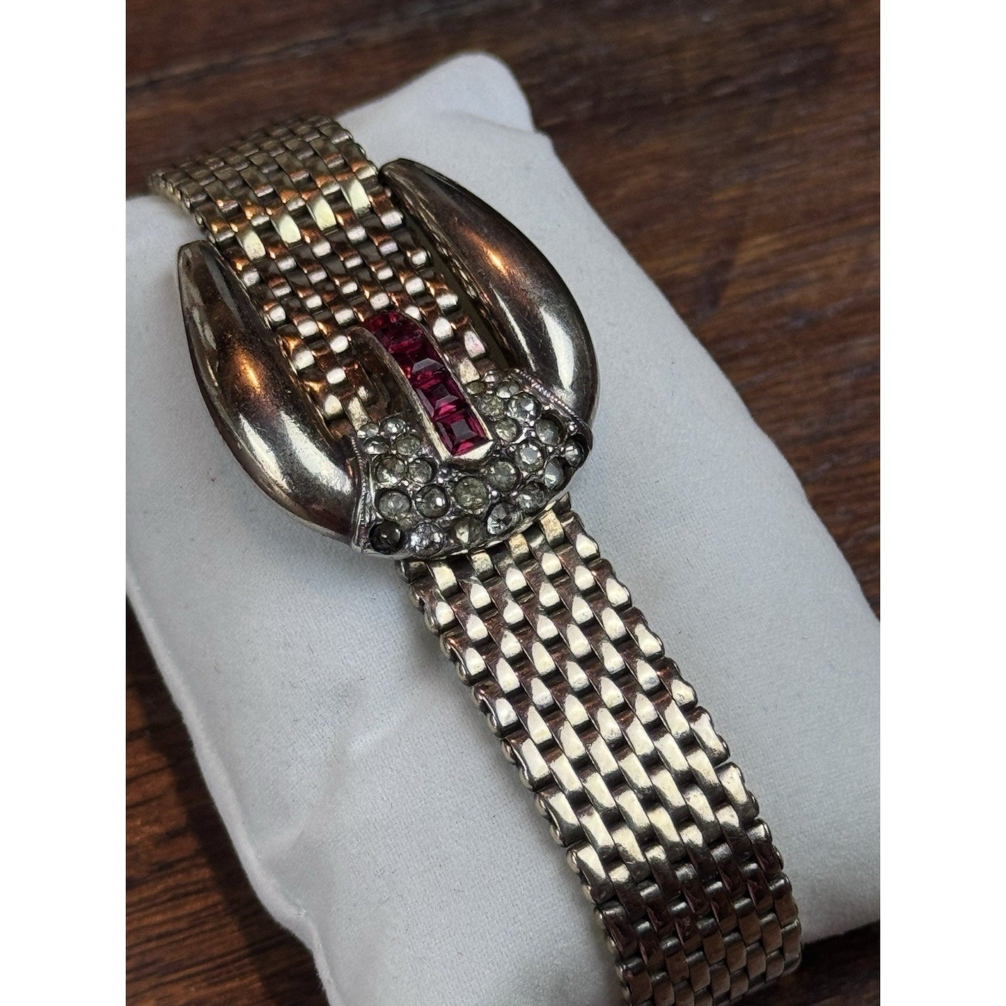 Vintage 1940s Kreisler Mesh Buckle Bracelet Red Glass Rhinestones Goldtone 7”