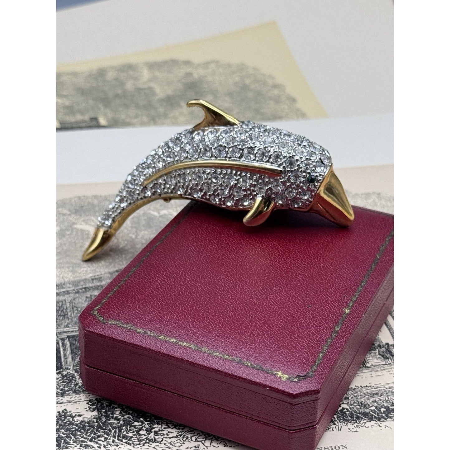 Shoulder Brooch Dolphin Rhinestone Goldtone Pavé Crystal Figural 3.75” VINTAGE