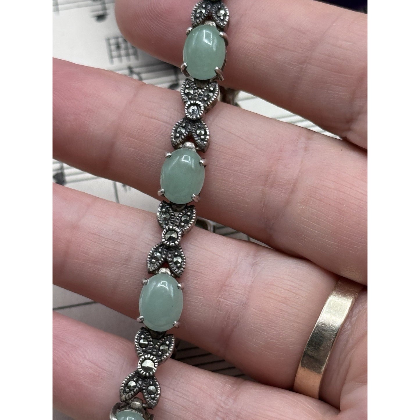Sterling Bracelet Marcasite Green Cabochon Link 7.75” MISSING Marcasite‼️