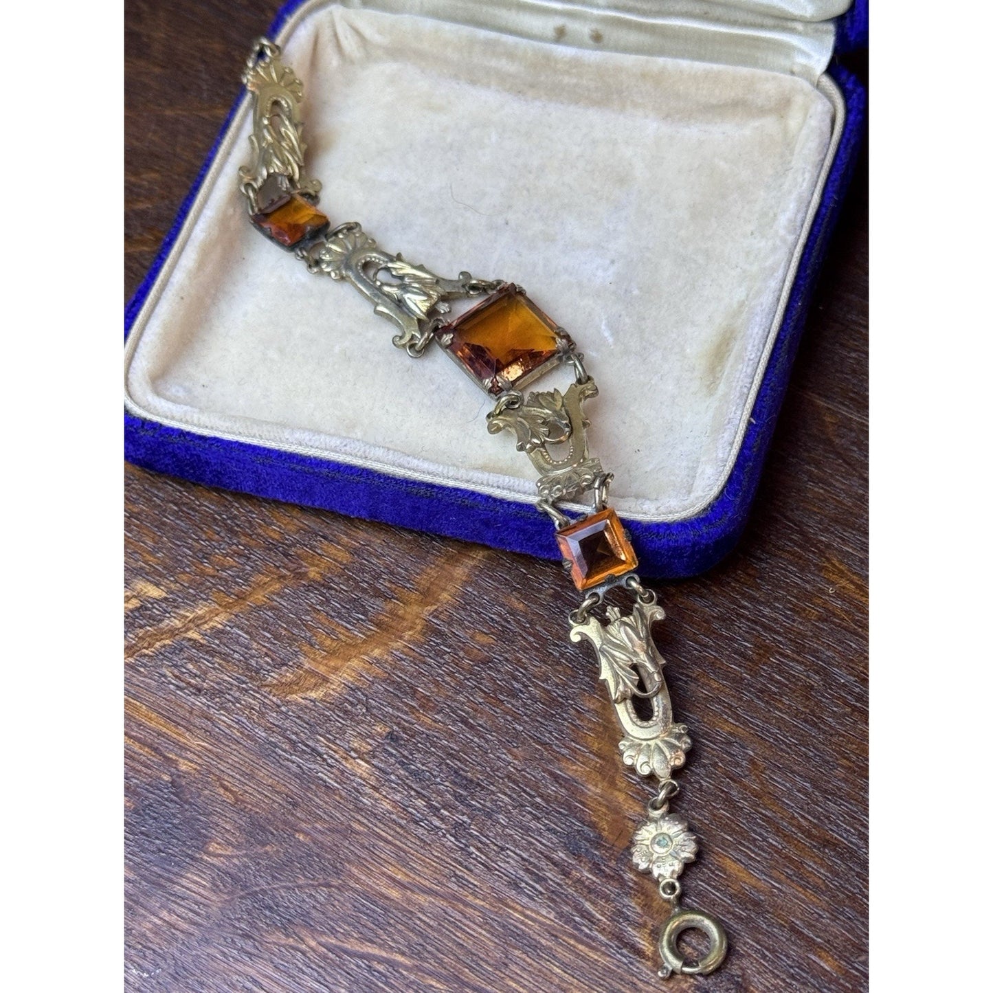 Antique Czech Bracelet Ambertone Paste Art Nouveau Goldtone Floral Links 7.25”