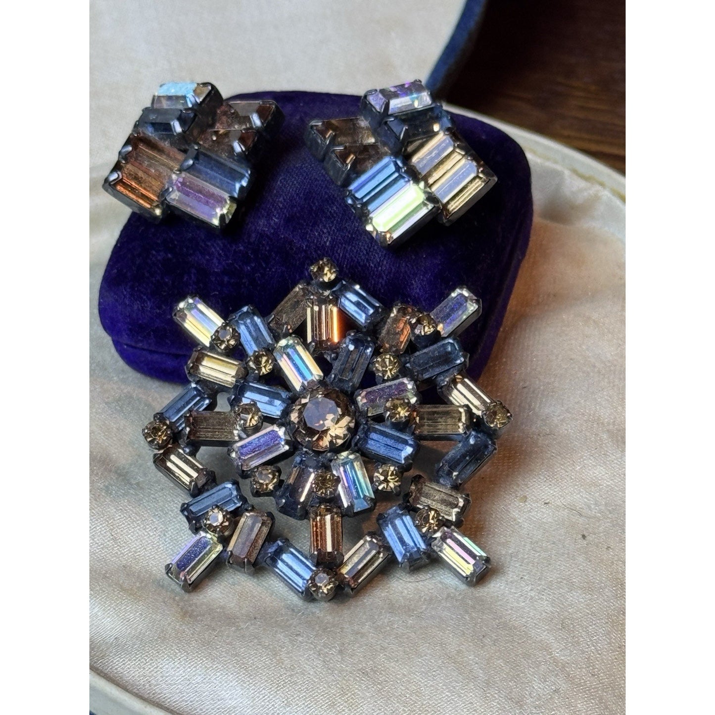 Signed Weiss Blue Bronze AB Rhinestone Demi Parure