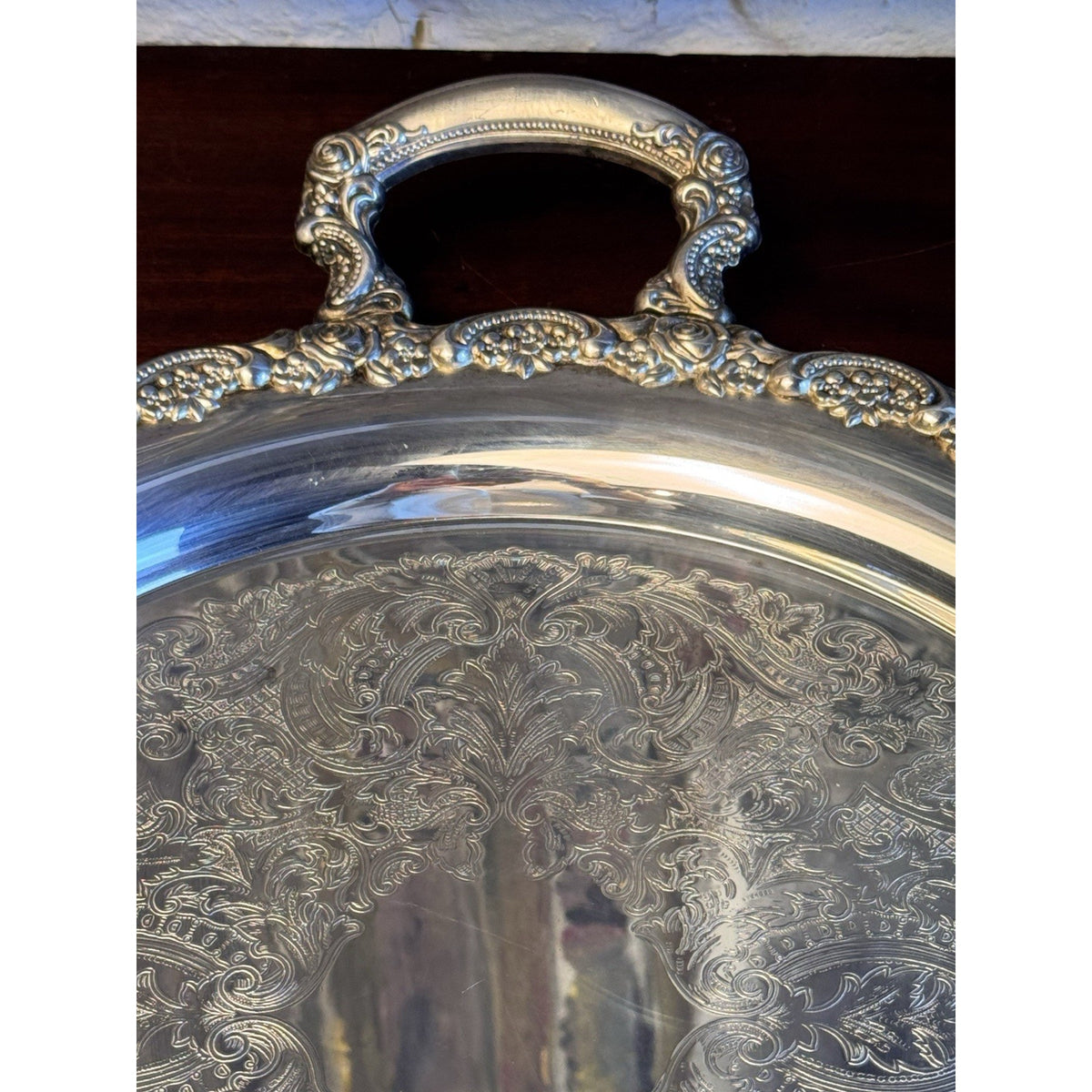 Silverplate Round Serving Tray Rose Border Handled Elegant Tableware