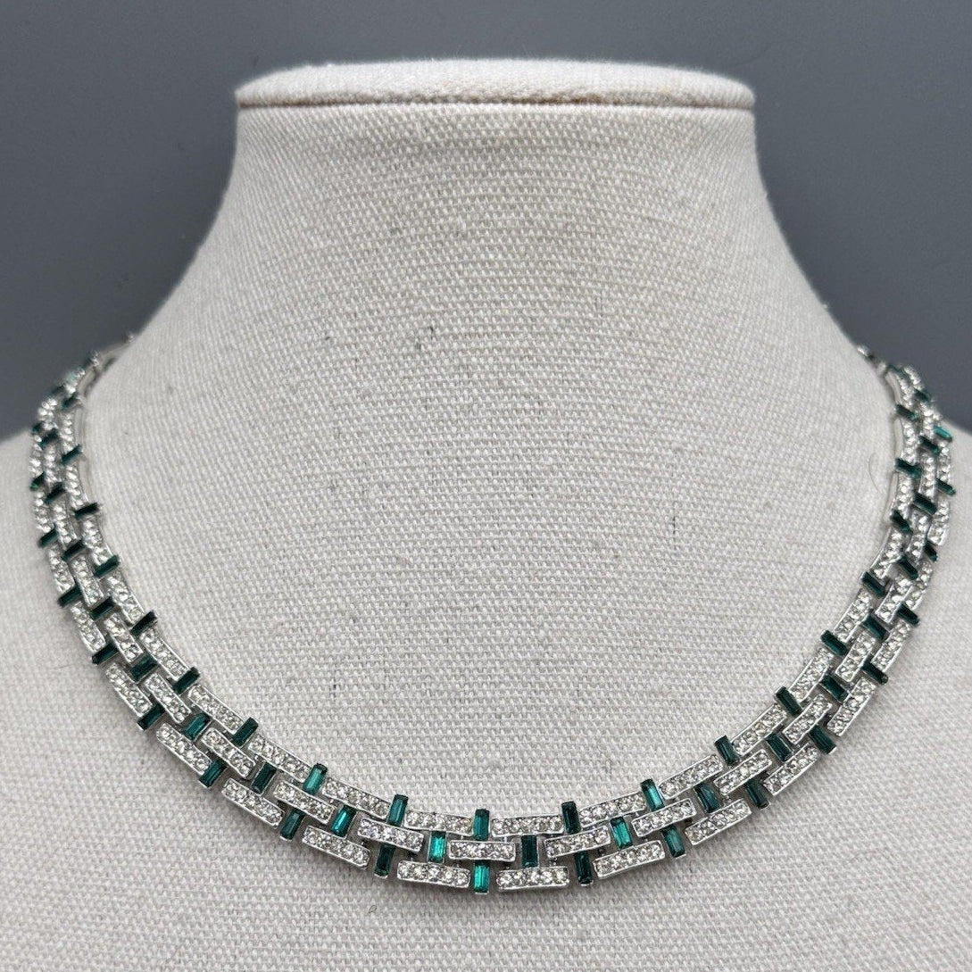 Vintage Necklace Green & Clear Rhinestone Art Deco Style 16.5” Choker