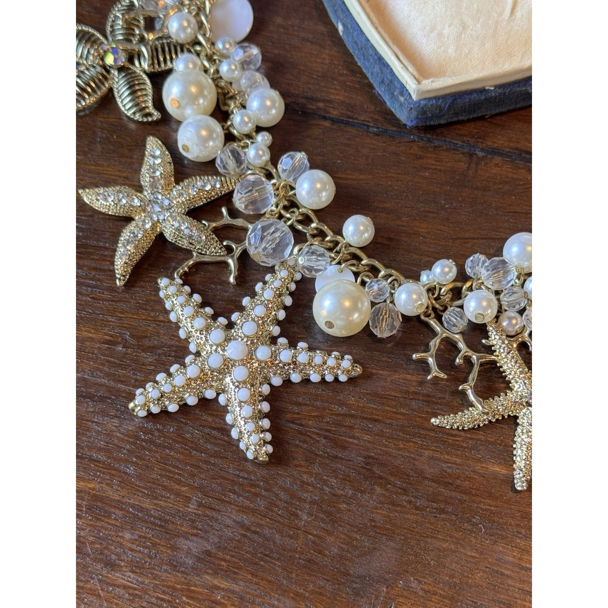 Goldtone Ocean Charm Necklace Starfish Faux Pearl Crystal Statement 19.5”