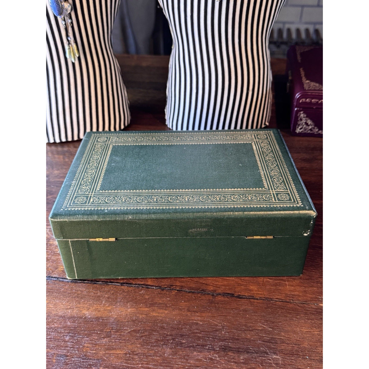 Vintage Green Jewelry Box Gold Scrollwork Pink Velvet Swing Trays 10.25”