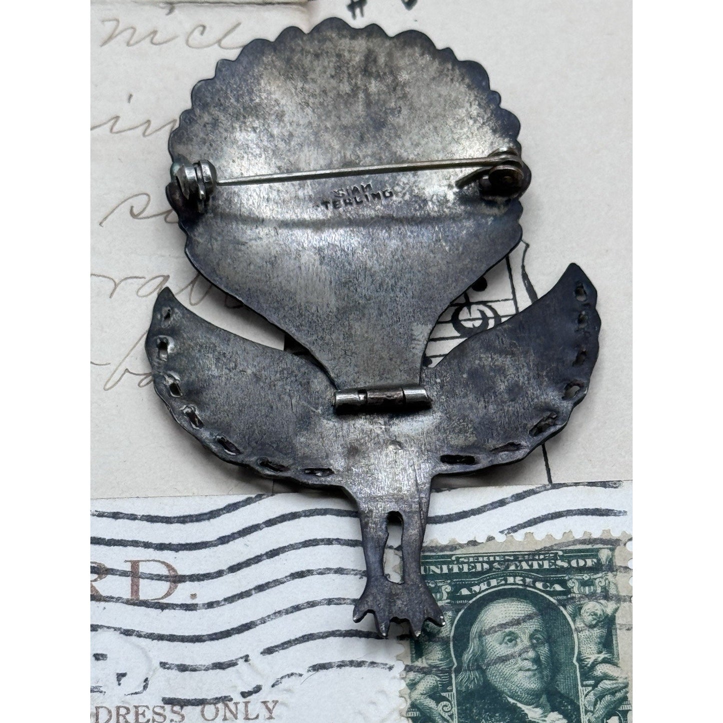 Vintage Siam Sterling Silver Peacock Brooch Articulated Niello Thailand