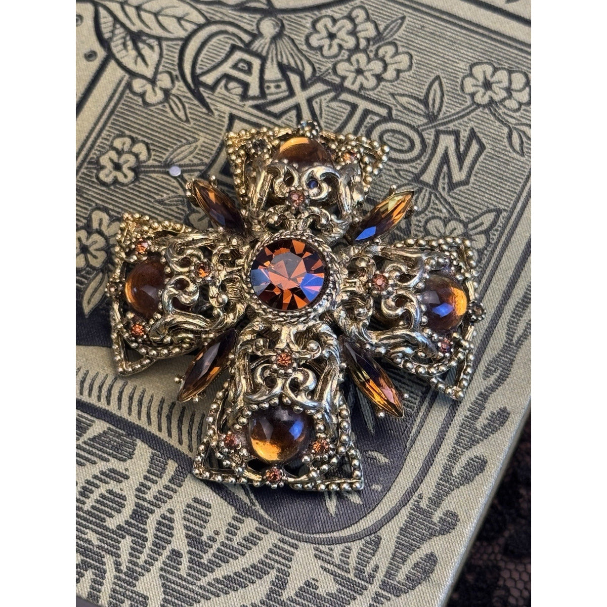 Vintage Brooch Pendant Maltese Cross Goldtone Amber Brown Rhinestones