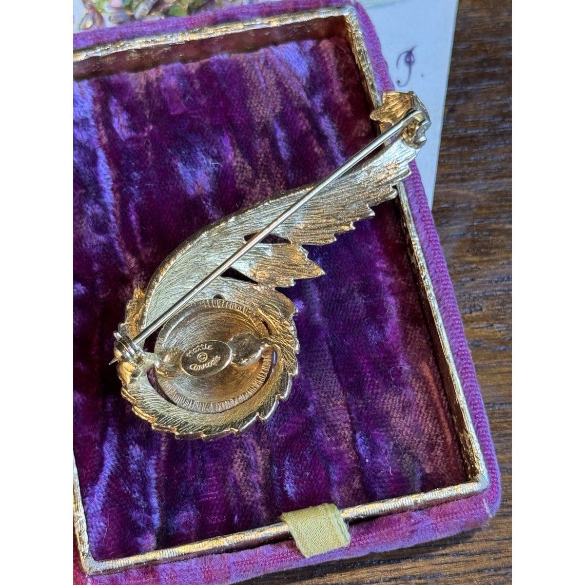 Signed Hattie Carnegie Brooch Goldtone Feather Turquoiseblue Glass 2.5”