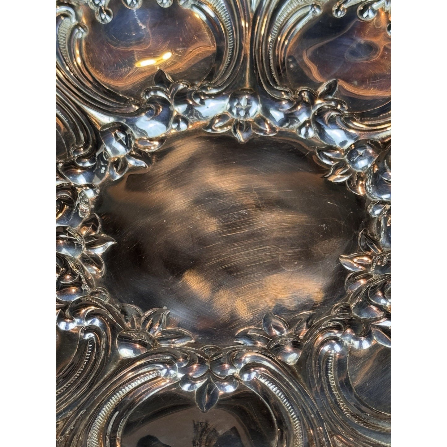 Gorham Repoussé Serving Tray Silverplate Floral Scroll Round 10.5” Vintage