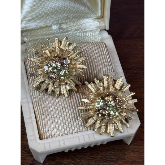Vintage Clip Earrings Rhinestone Starburst Goldtone Green Brown .75”