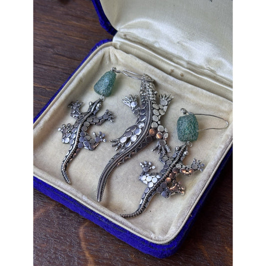 Vintage 925 Sterling Gecko Brooch Earrings Set Green Glass Beads Handmade