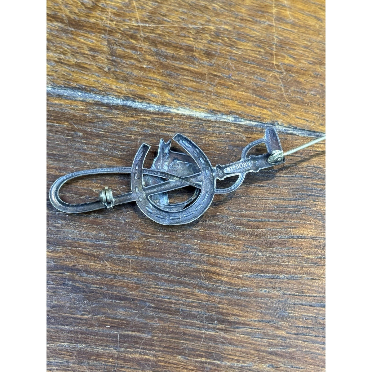 Vintage Sterling Silver Horse Brooch Horseshoe Riding Crop Equestrian Pin 2.5”