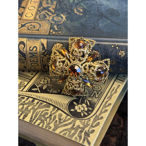 Vintage Brooch Pendant Maltese Cross Goldtone Amber Brown Rhinestones