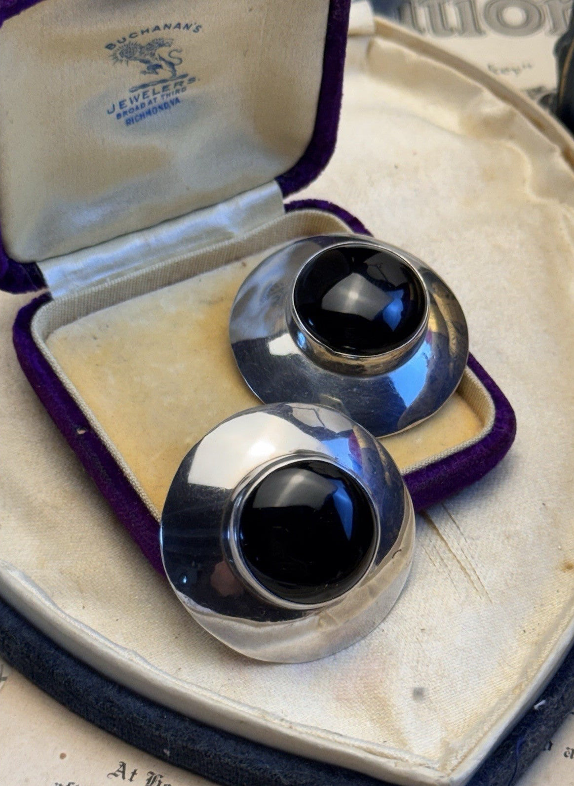 C&S Sterling Silver Black Onyx Post Earrings Round Modernist Statement 1 3/8”