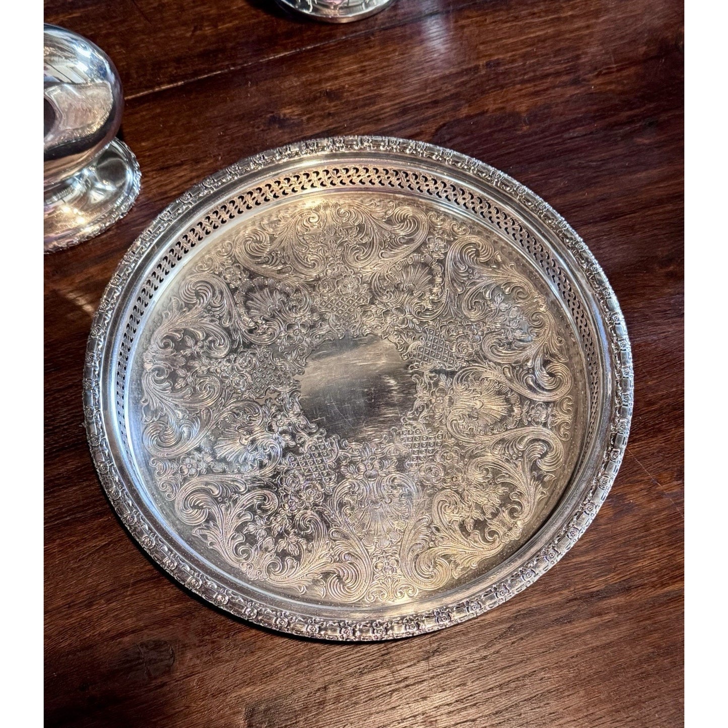 Silverplate Gallery Tray 12” Round Camelot Pattern IS Silver Ornate Serving Tray