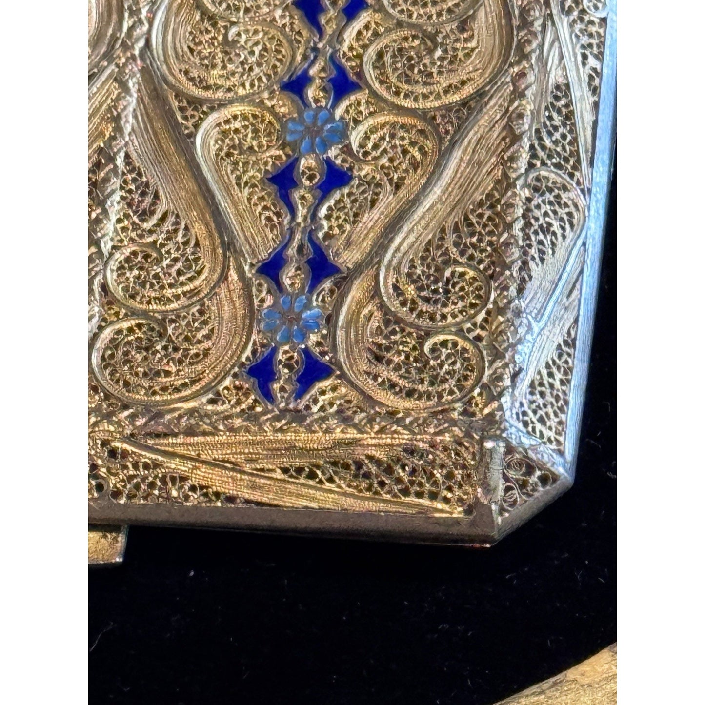 Vintage Cannetille Silver  Case Blue Enamel Gilt - Business Card Holder-