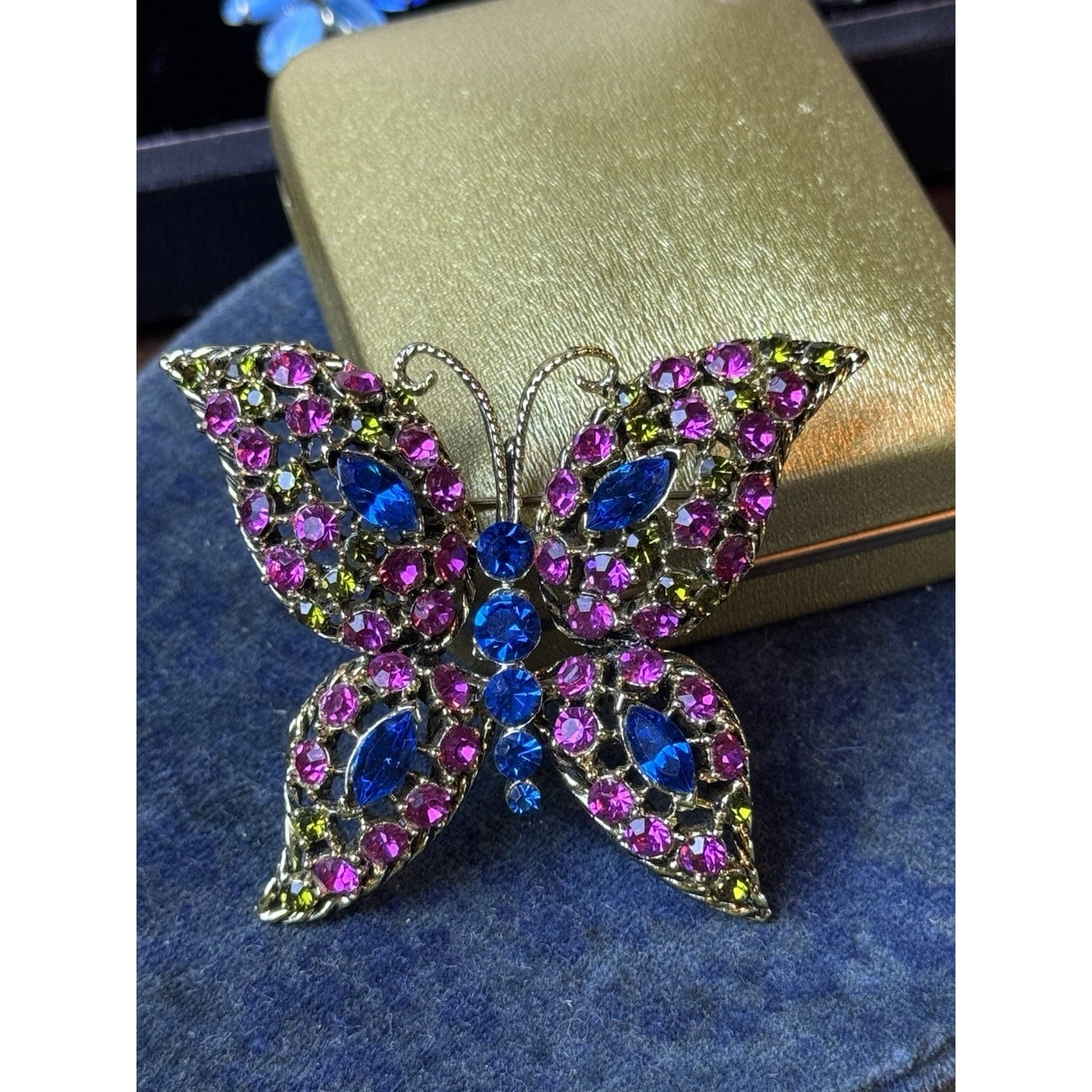 Vintage Butterfly Brooch Pink Blue Green Rhinestones Openwork Goldtone Large
