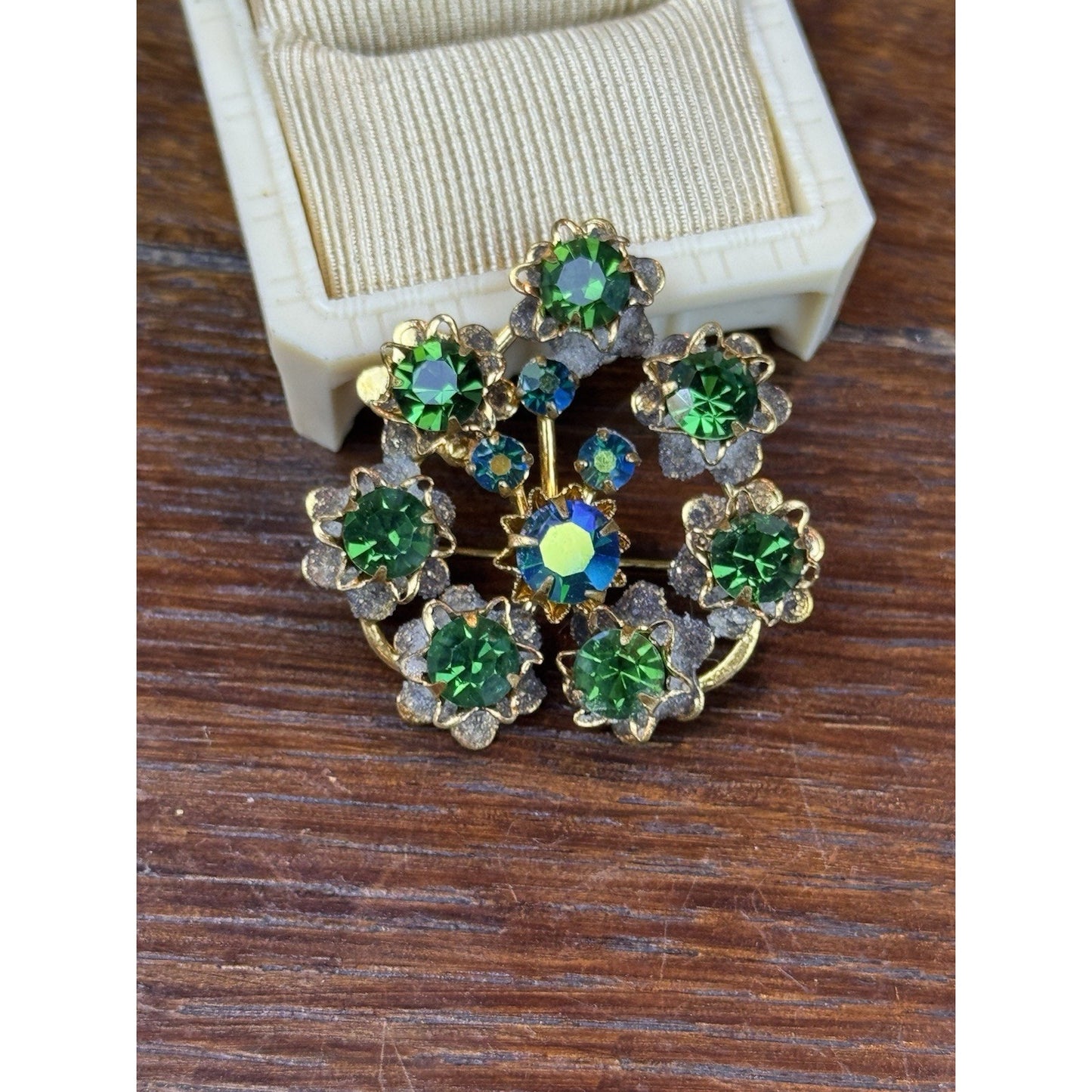 Vintage Heart Brooch Green Rhinestone Goldtone Floral Costume Jewelry 1.5”